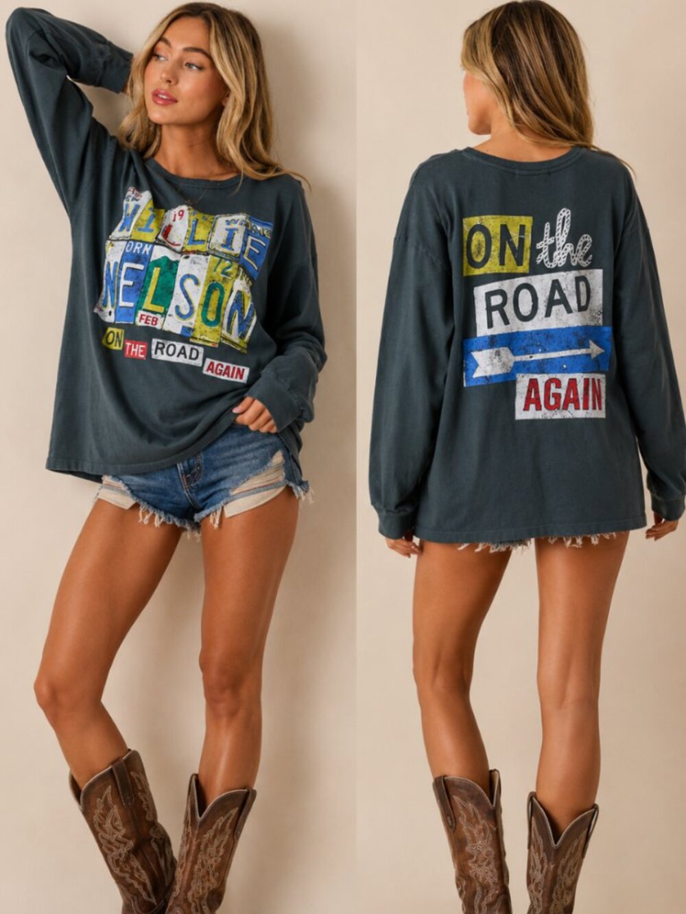 Willie Nelson On The Road Again Charcoal Long Sleeve Tee
